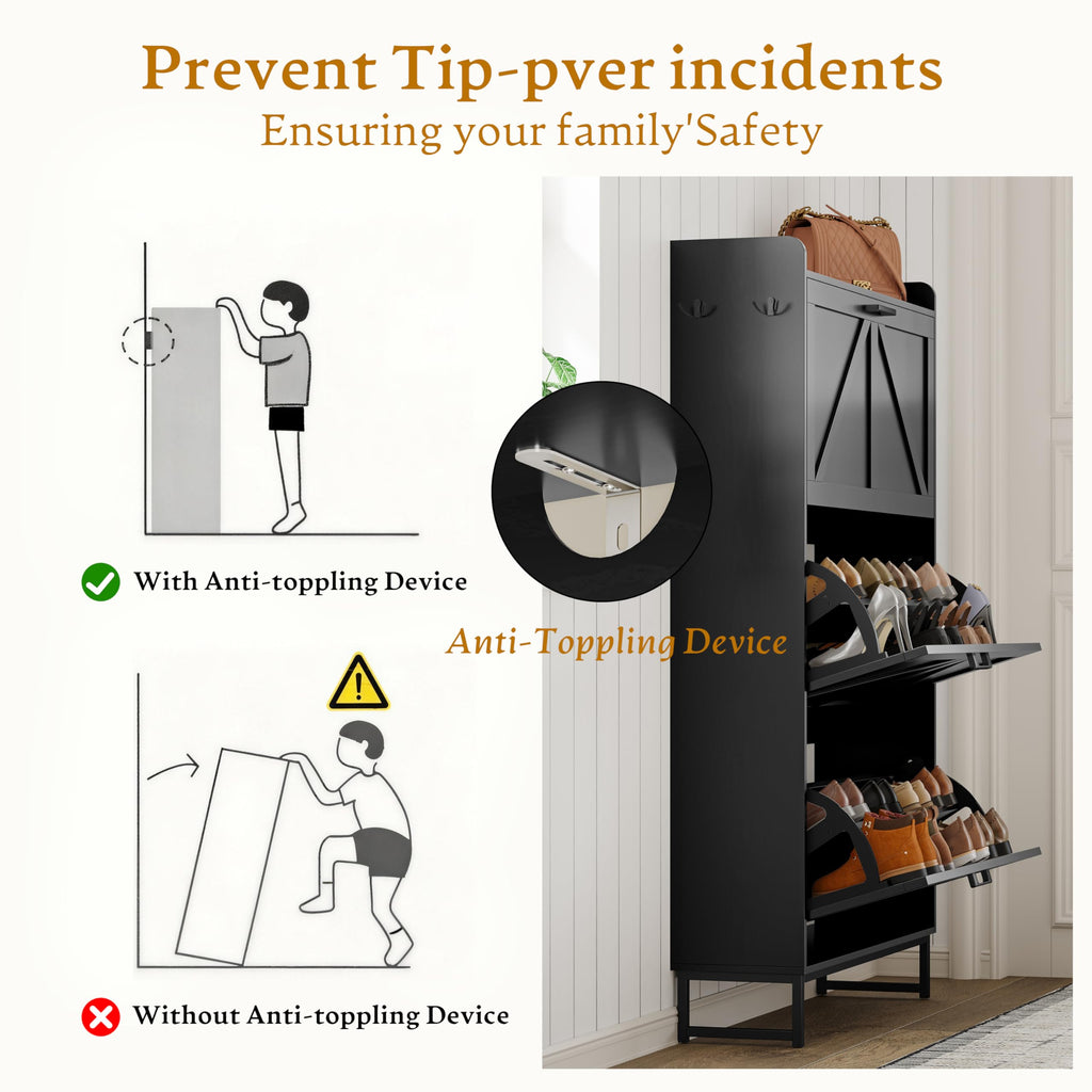 Shoe Cabinet Storage, Shoe Storage Cabinet with 4 Flip Drawers, Freestanding Narrow Shoe Rack Organizer with Metal
