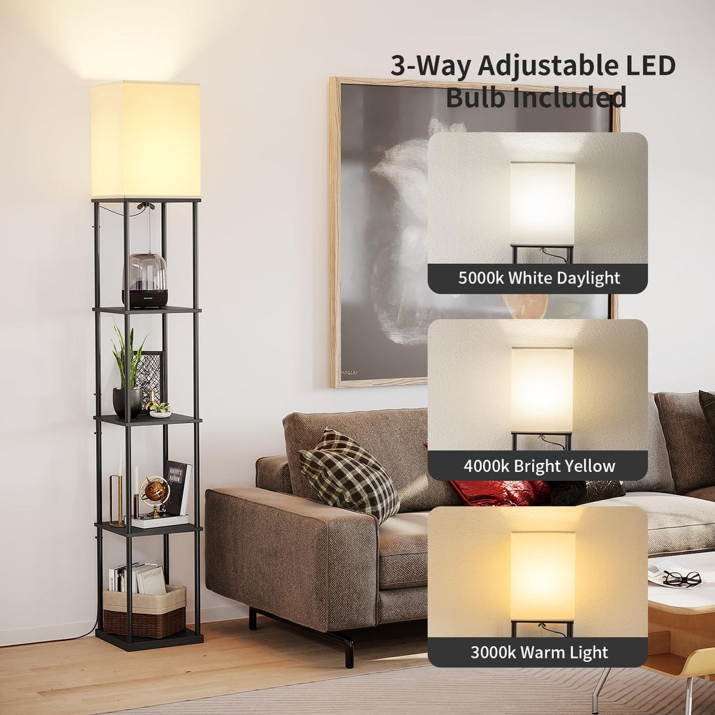 5 Tier Floor Lamp with Shelves, Modern Square Standing Lamp with 3 Color Temperature Bulb, Corner Display Bookshelf