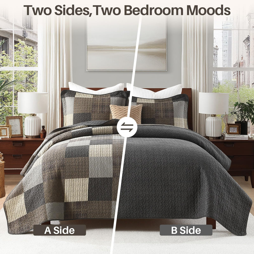 Quilts, Classic Plaid Design, Charcoal/Coffee Brown/Khaki
