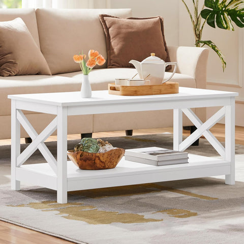 Wood 2-Tier White Coffee Table with Storage Shelf, X Design Accent Cocktail Table, Simple Design Home Furniture