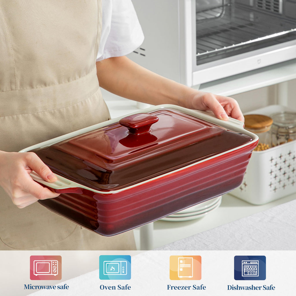 4.5 Quart Ceramic Casserole Dish with Lid - Oven, Microwave & Dishwasher Safe Bakeware for Family Meals, Lasagna