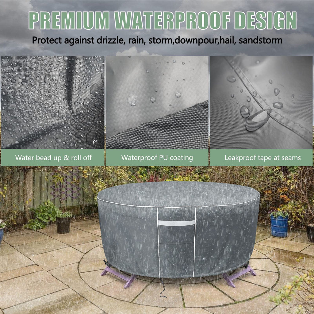 Round Patio Table Cover Waterproof, Outdoor Furniture Covers for Round Table Set, 600D Heavy Duty, 96" Dia x 28" H