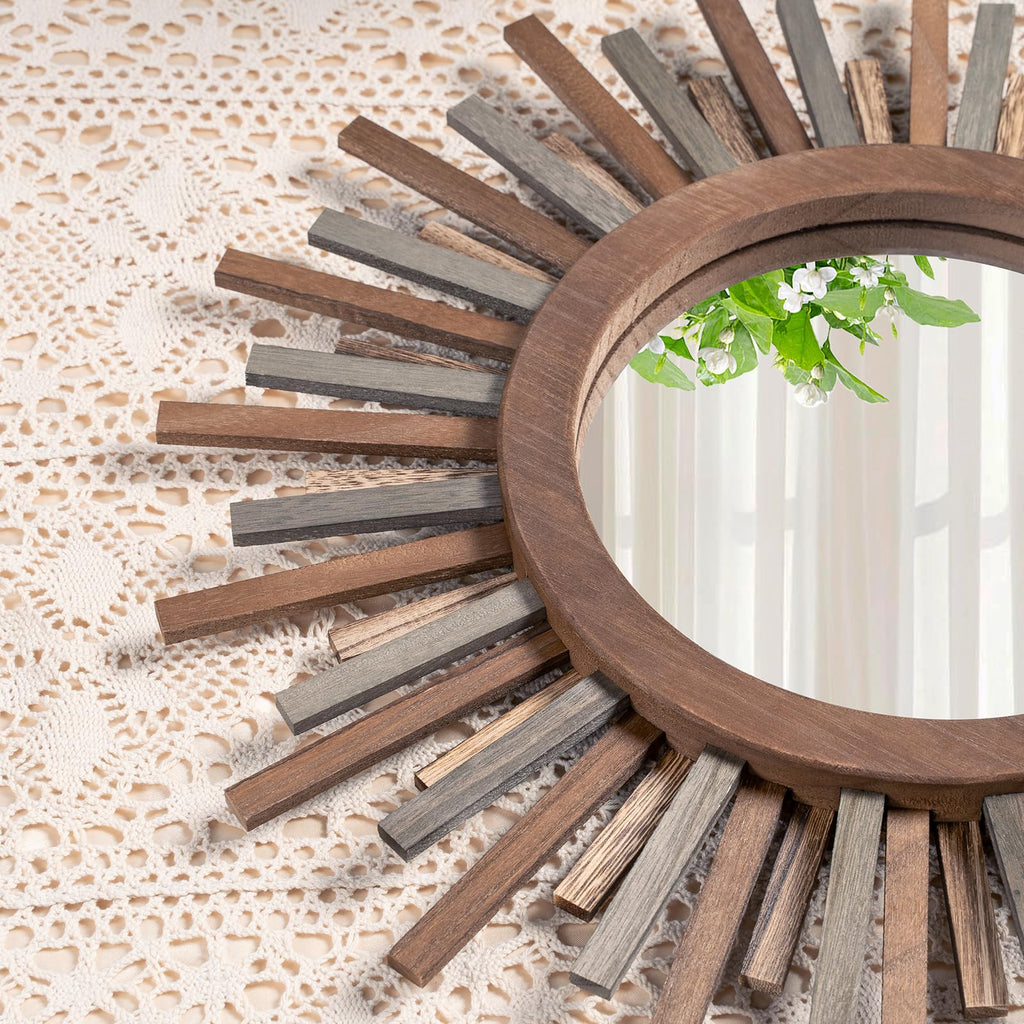 18 Inch Boho Sunburst Mirror, Decorative Rustic Farmhouse Wall Decor - Tricolor Wood Frame