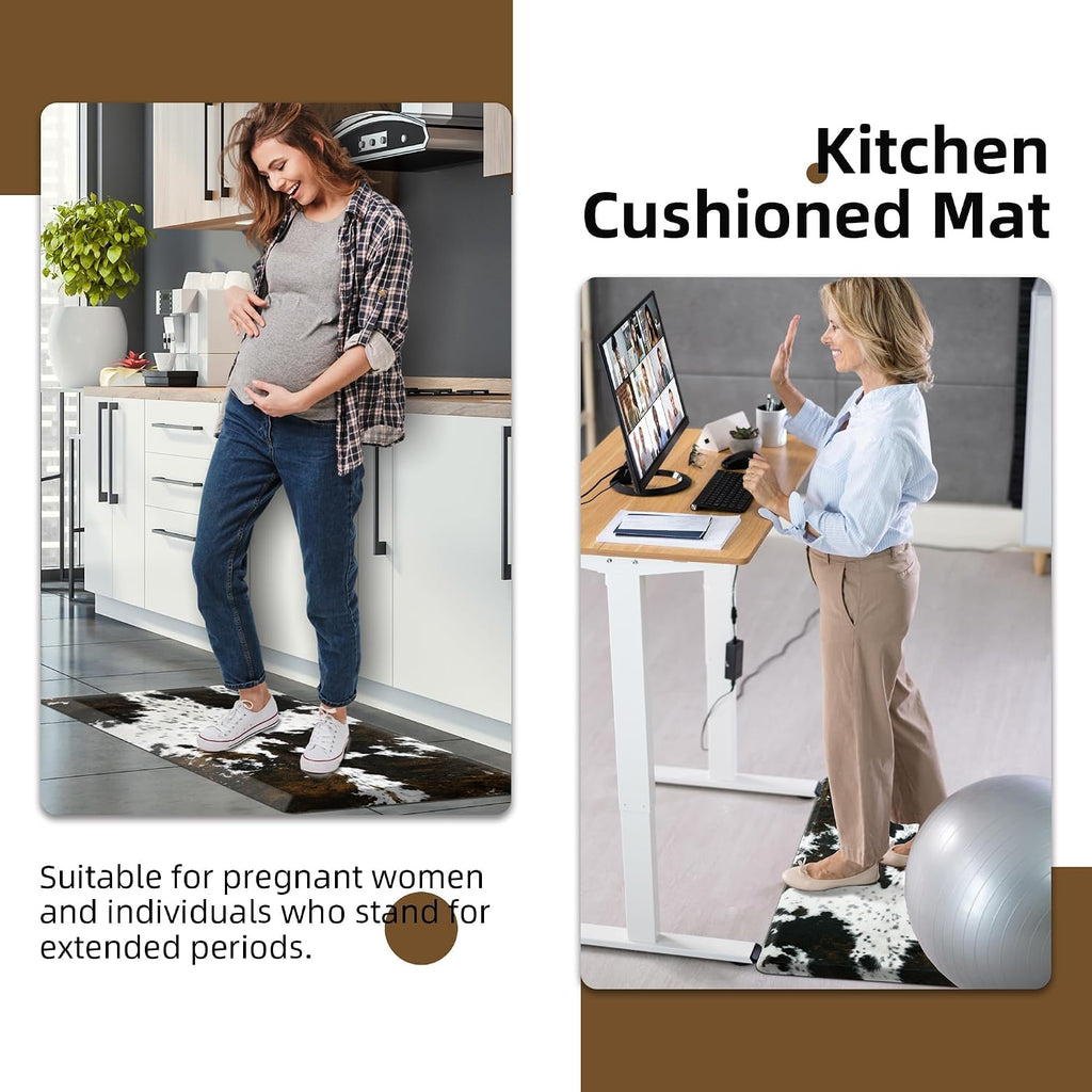 Cowhide Kitchen Mat Cushioned Anti Fatigue, 17.3x47 | 4/5 Inch Thick, Western Cow, Bevel Edge, Non Slip PVC