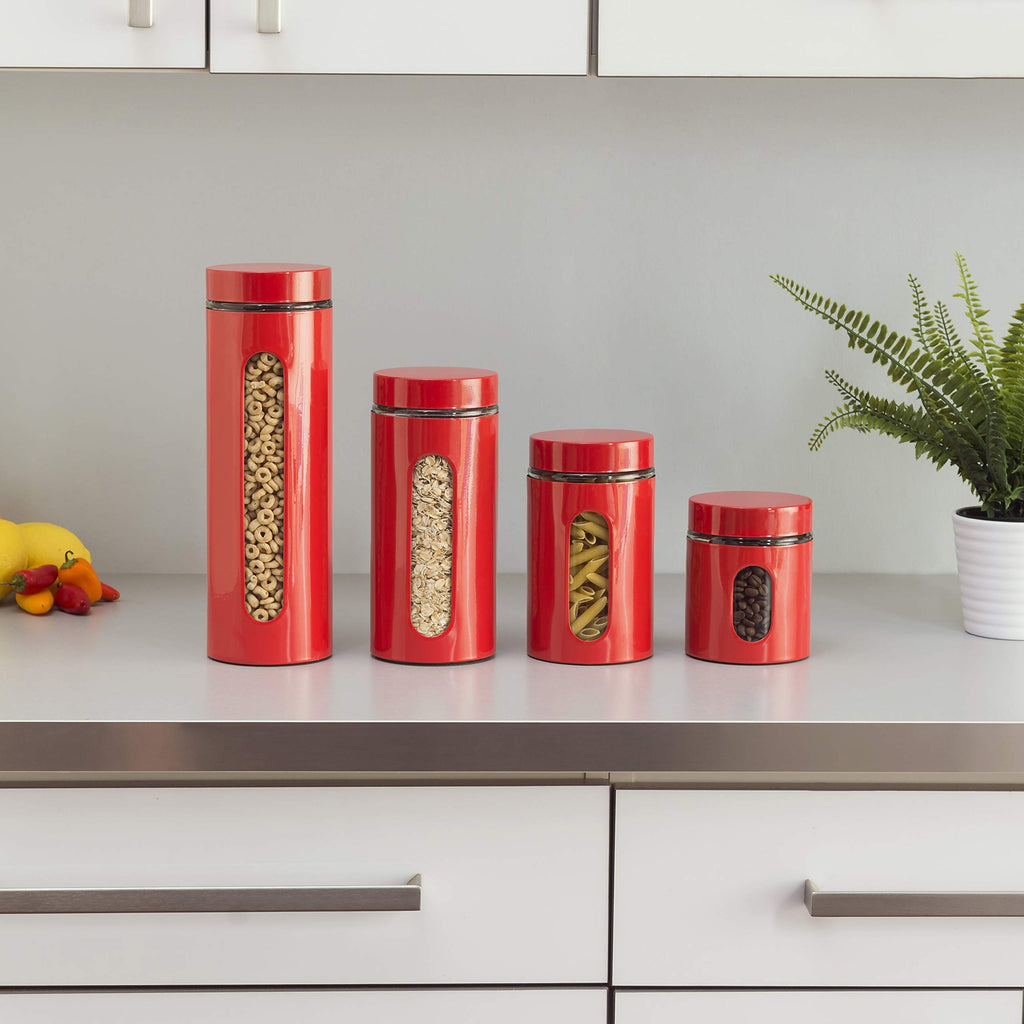 Quality Modern Red Stainless Steel Canister Set Counter with Glass Window & Airtight Lid - Food Storage Containers