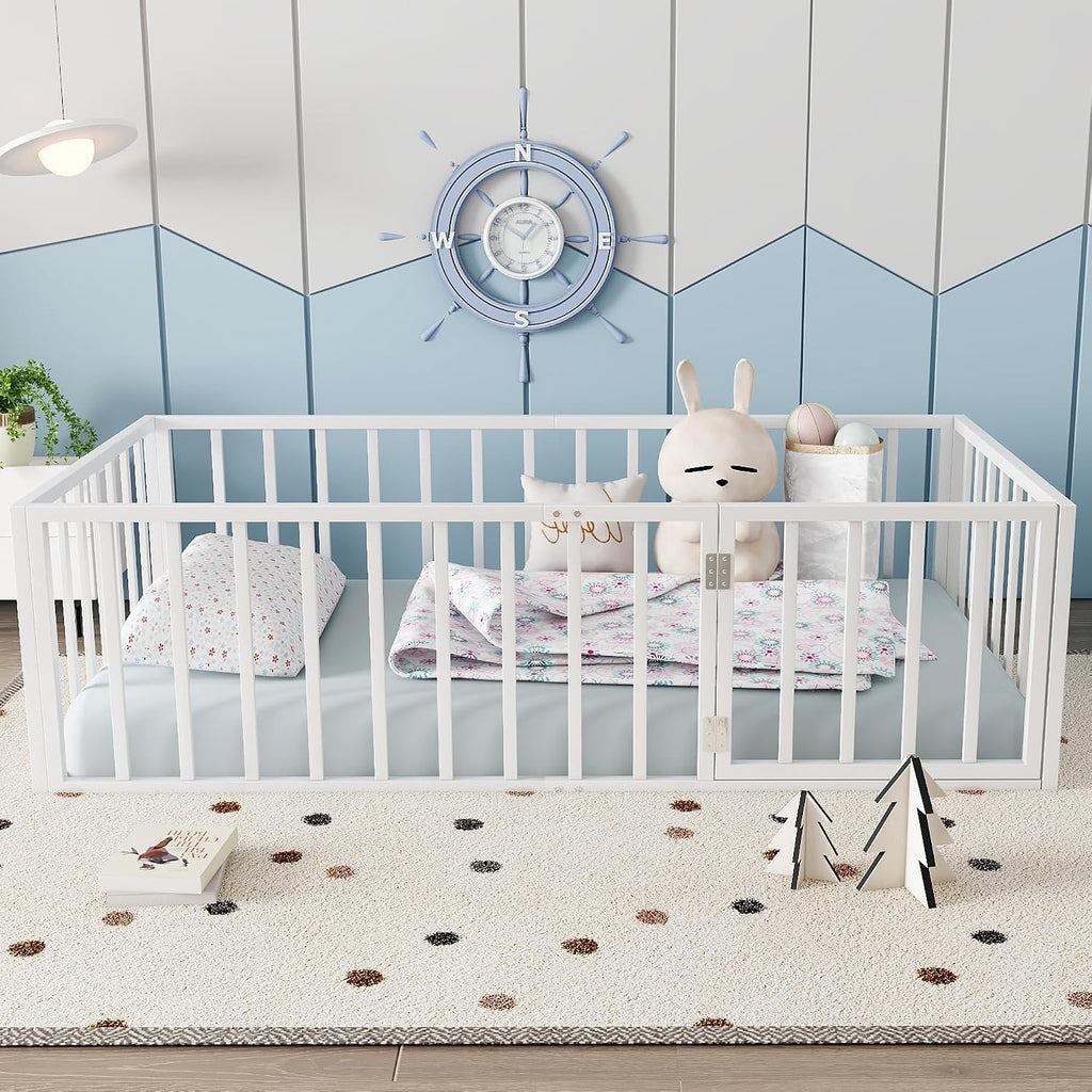 Floor Bed with Fence and Door, Heavy Duty Montessori Floor Bed Frame, Easy Assemble Montessori Beds