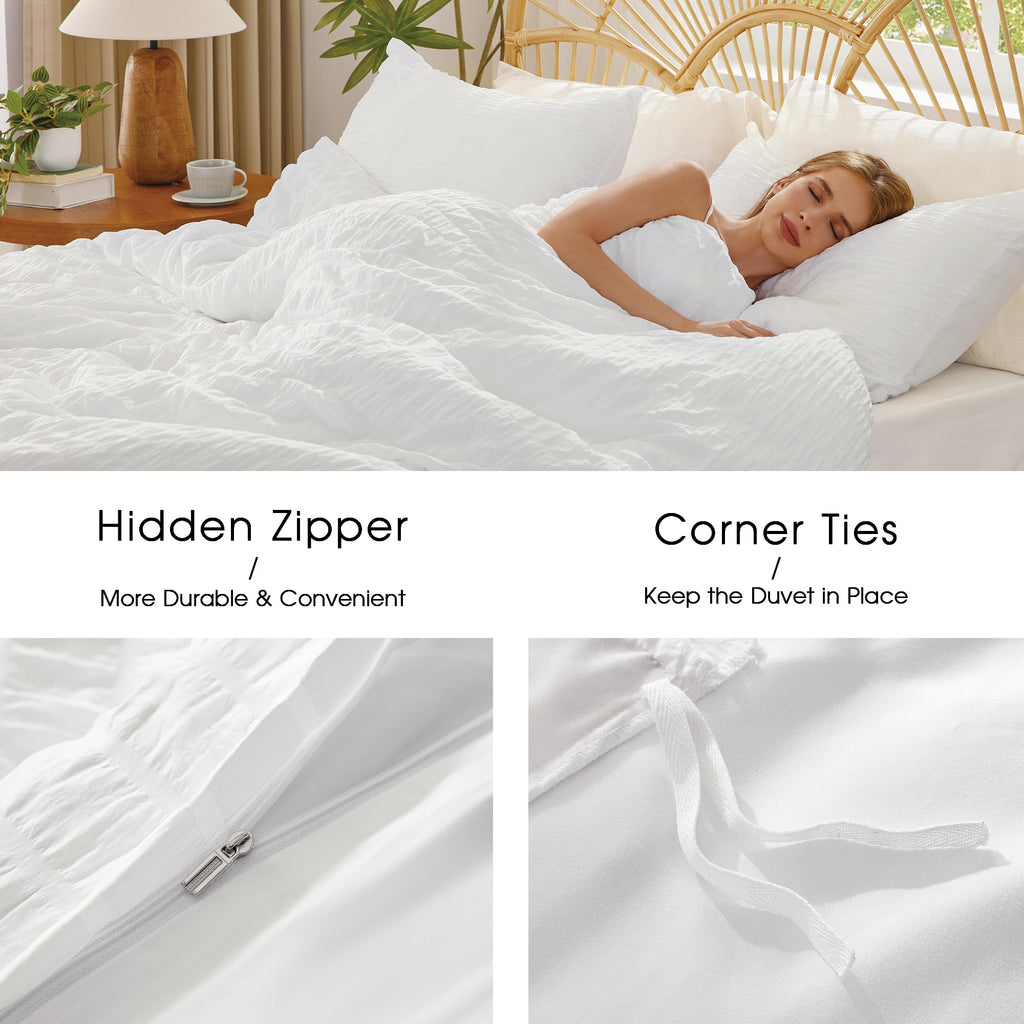 White Duvet Cover, 3-Piece Seersucker Duvet Cover Set, Ultra Soft Microfiber Bedding for All Seasons