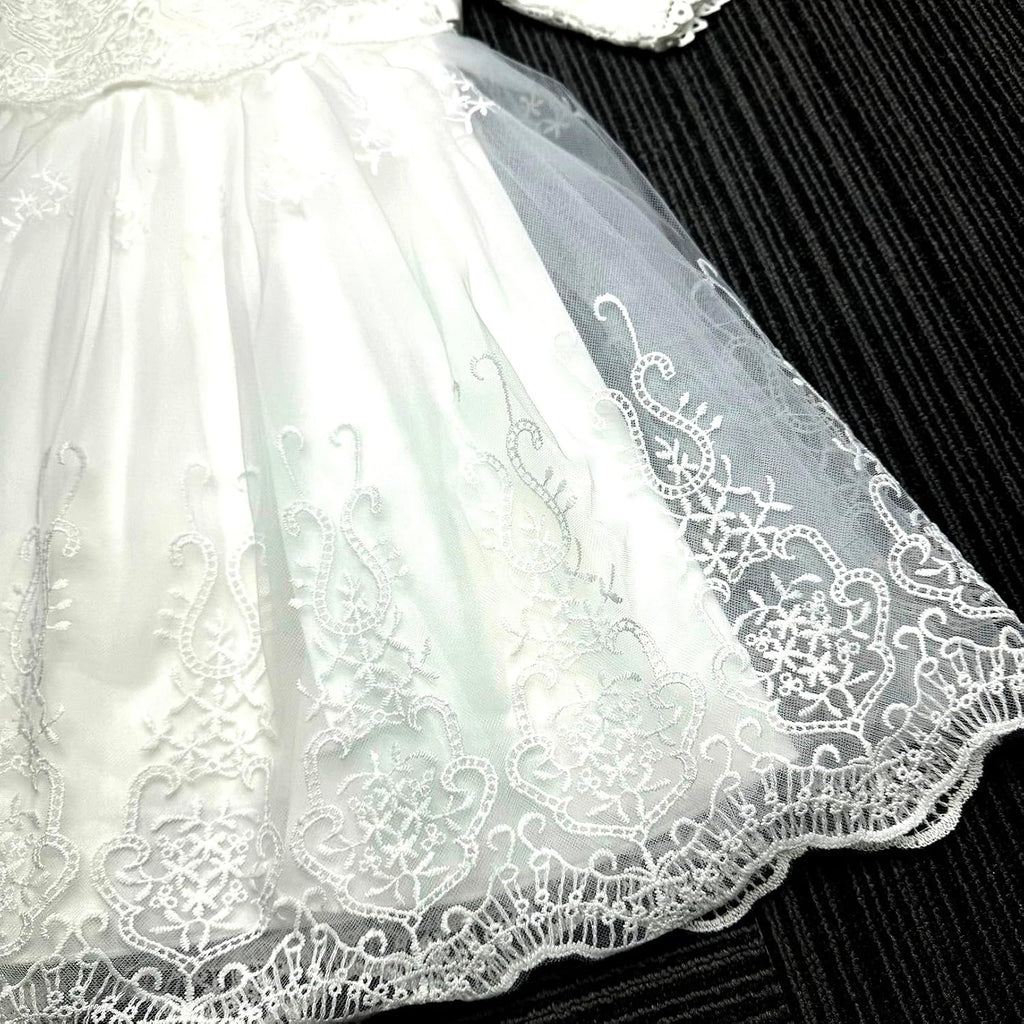 Baby Girls Long Sleeve Christening Dress Classic Embroidered Baptism Tulle Dress