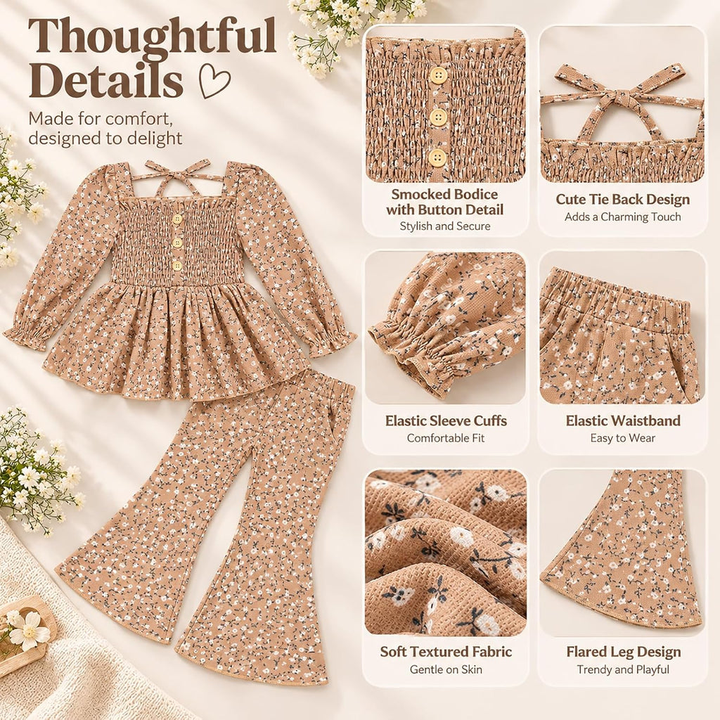 Toddler Girl Outfits Smocked Peplum Top with Kick Flare Pants