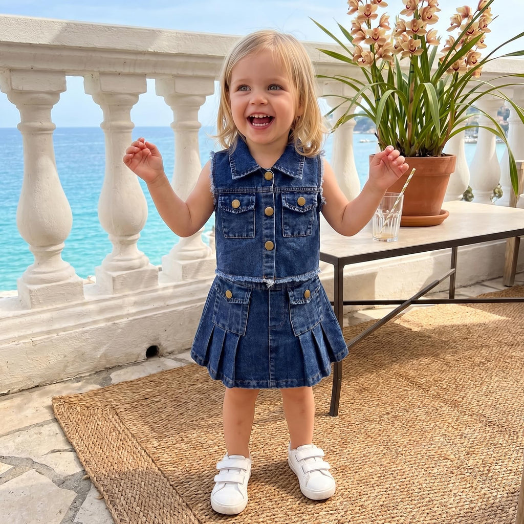 Little Girls Summer Jeans Outfits Denim Sleeveless Button Down Vest Tops Pleated Skirt Kid Toddler Waistcoat Clothes