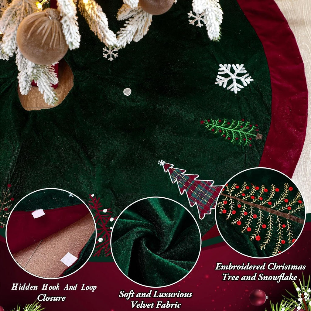72 Inch Green Velvet Christmas Tree Skirt with Burgundy Trim