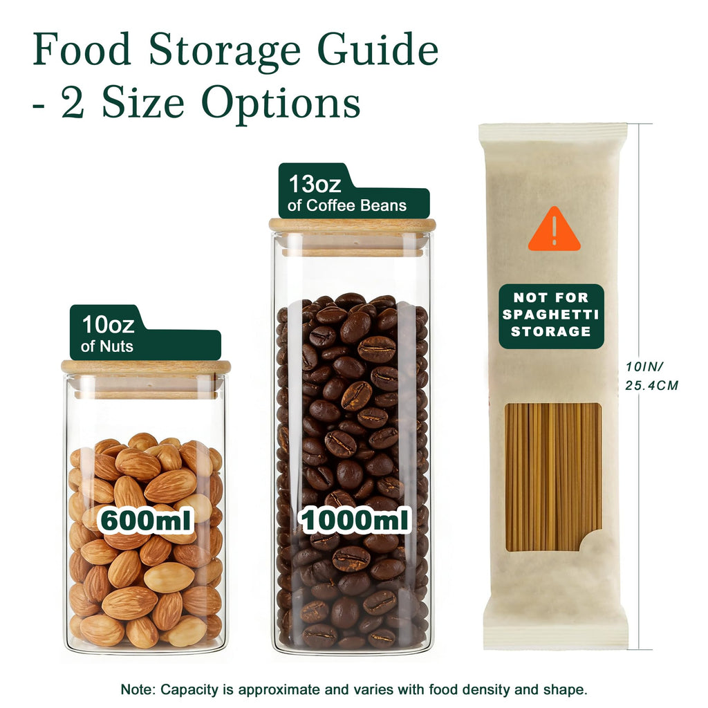 12-Pack Square Glass Storage Jars with Bamboo Lids (0.6Qt/1.06Qt) - Stackable Food Containers for Pantry