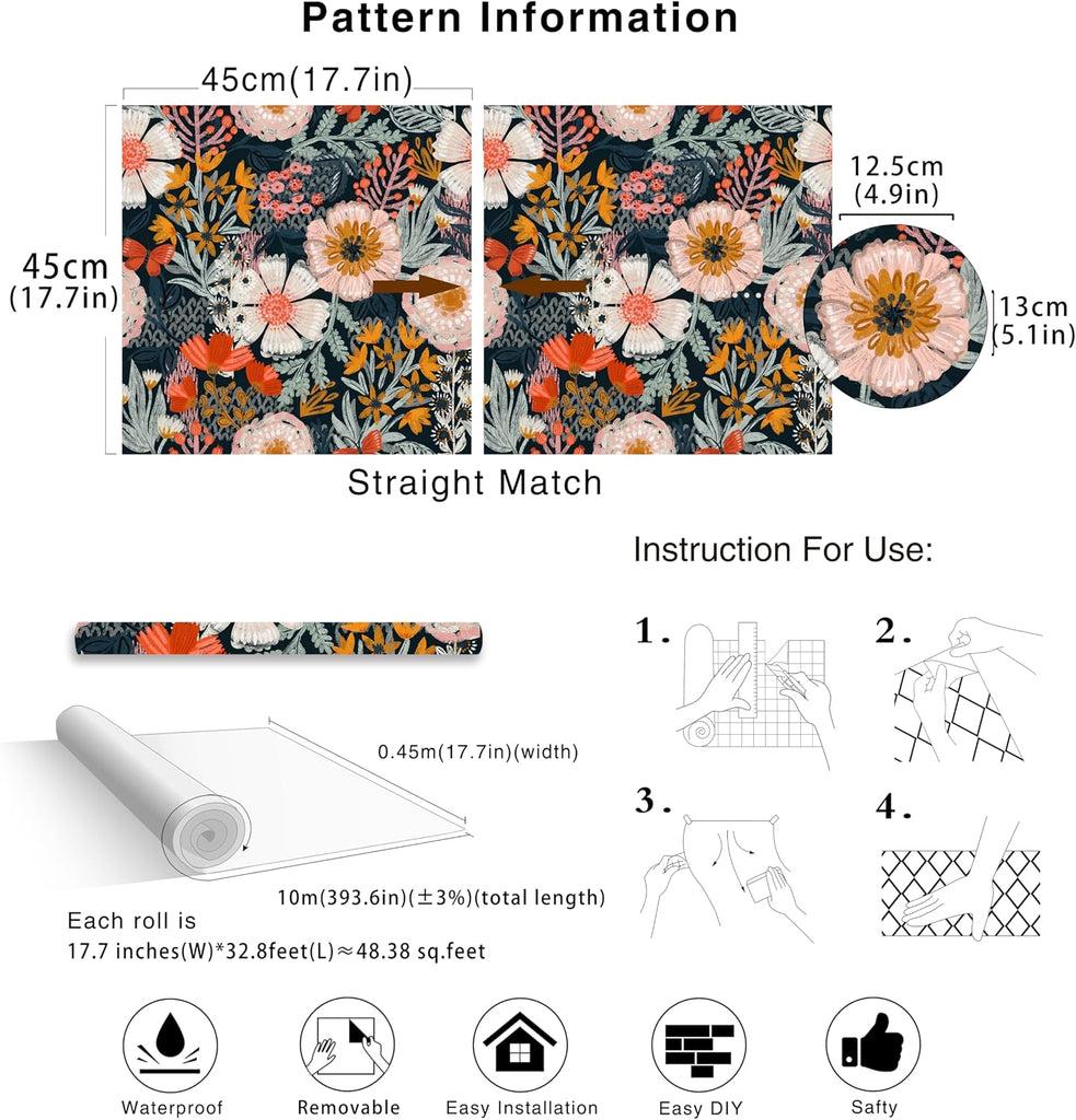 Navy Floral Peel and Stick Wallpaper Boho Mural 17.3in x 32.8ft | Vintage Textured Wall Paper Renter Friendly