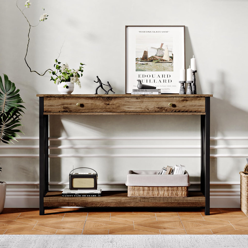 40" Farmhouse Console Table with Drawer and Storage Shelves