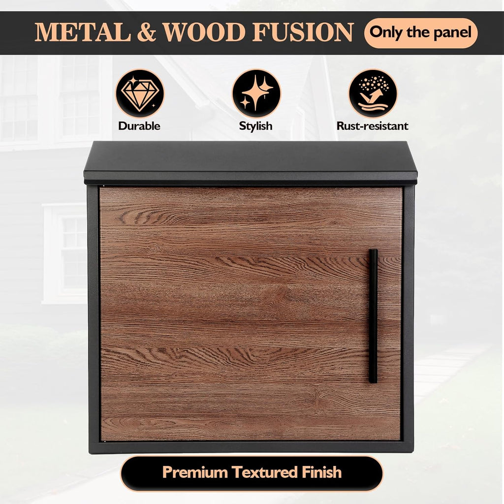 Wall Mounted Mailbox, 13x14x4inch Large Capacity with Wood-Grain Steel Panel