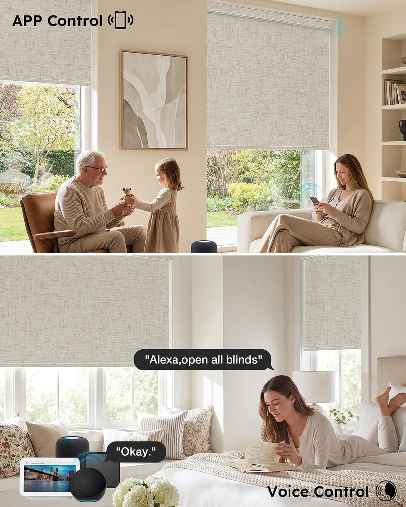 Motorized Blinds with Remote, APP, Voice Control, 100% Blackout Shades Automatic Blinds Work with