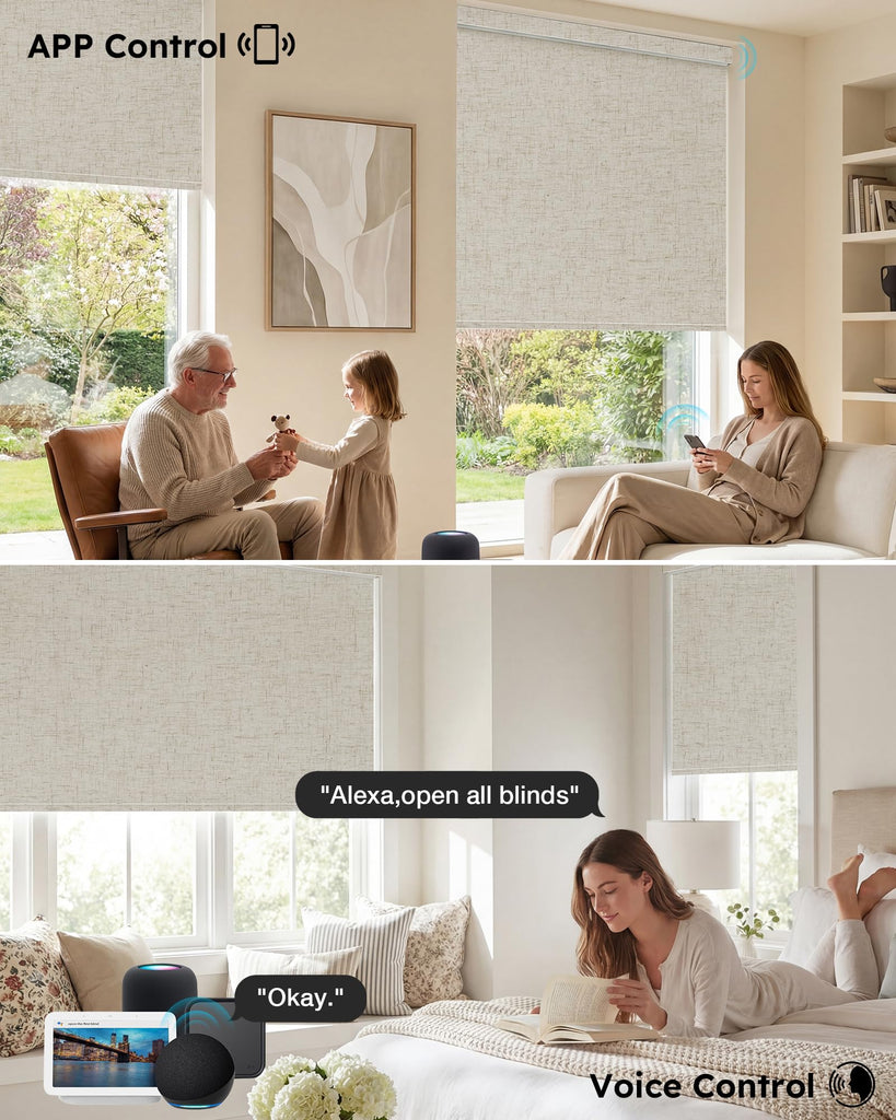 No-Drill Motorized Blinds with Remote, APP, Voice Control, 100% Blackout