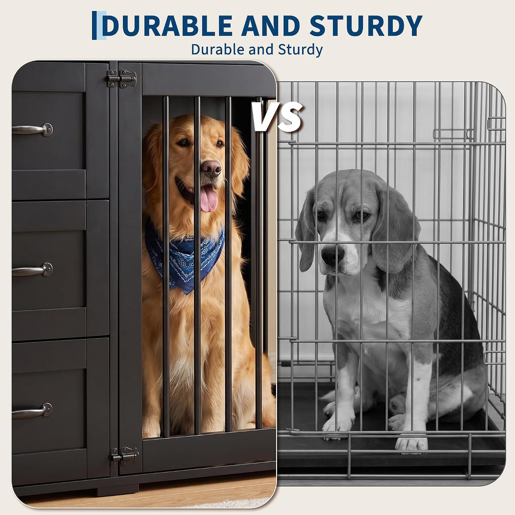 Double Dog Crate Furniture with 3 Drawers, Dog Kennel Indoor