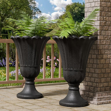 Tall Plastic Urn Planters and Pedestal - 24" Outdoor Planter Black