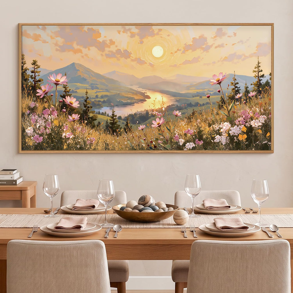 Large Boho Sunset Wildflower Framed Canvas Wall Art, Nature Pink Flower Wall Decor, Blossom Botanical Mountain