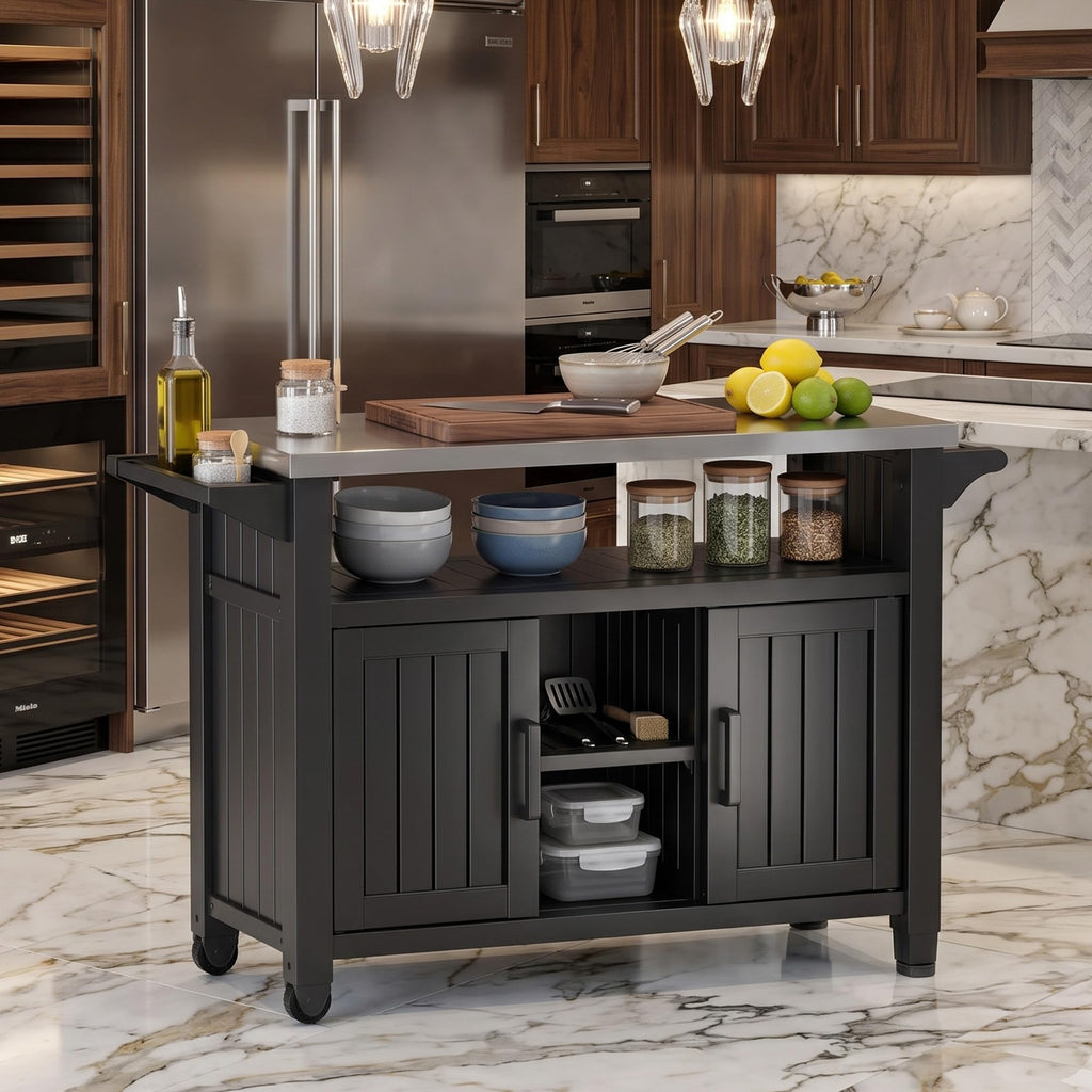 Outdoor Storage Cabinet, Patio Storage Table, Bar Table with Wheels, Outdoor Bar Cart, Poolside and Backyard, Standard