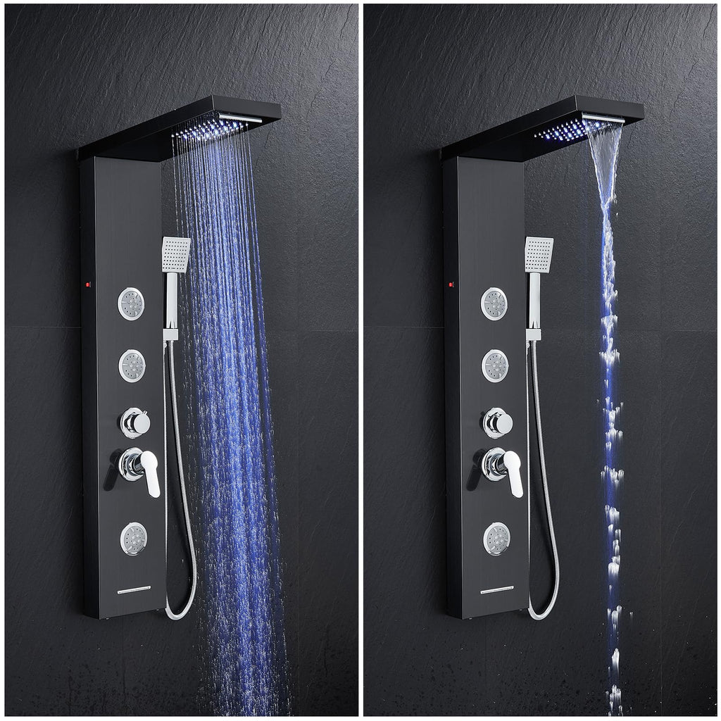 LED Shower Panel System with Massage Jets Stainless Steel Black