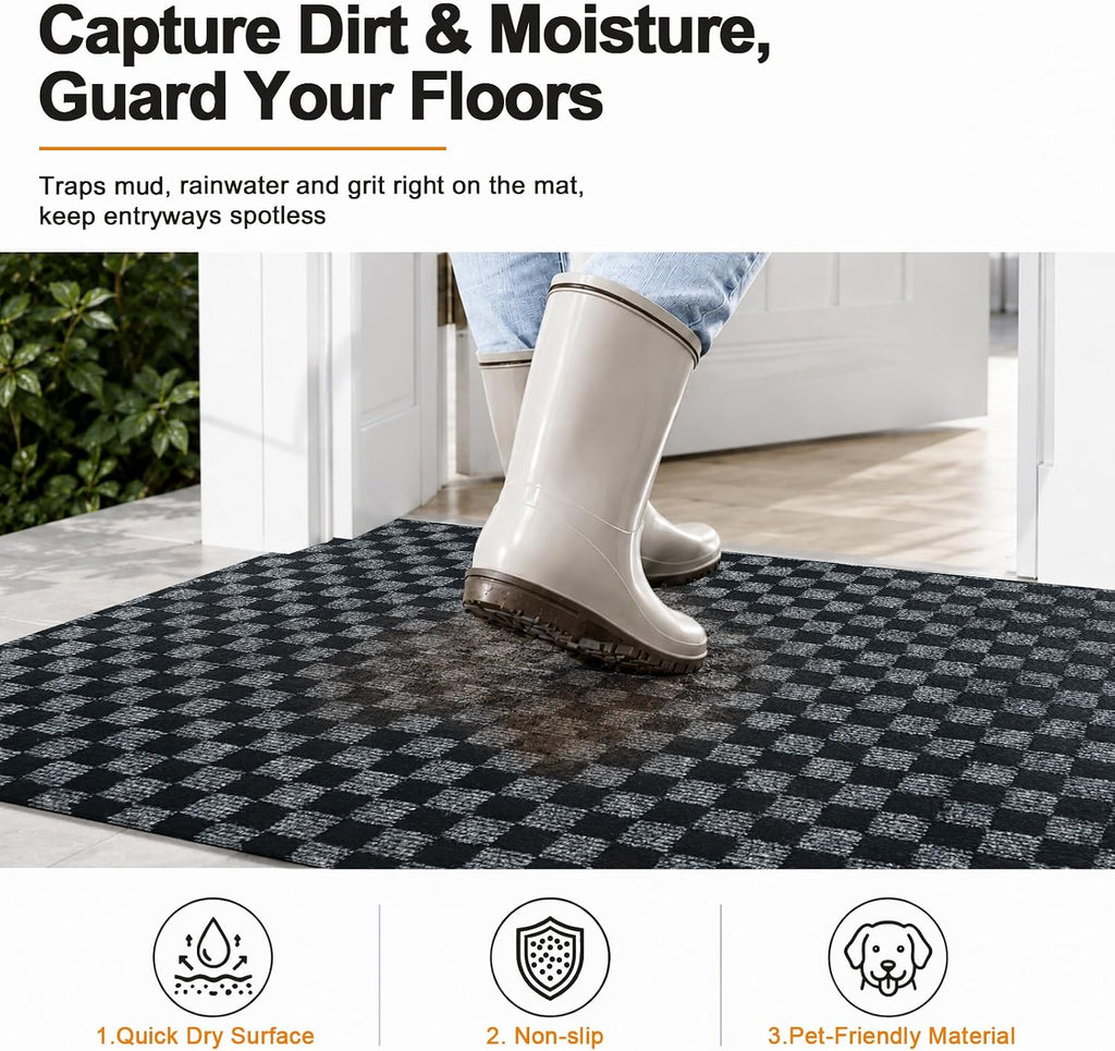 2x8 FT Non-Slip Kitchen Rugs with Rubber Backing, Black Check