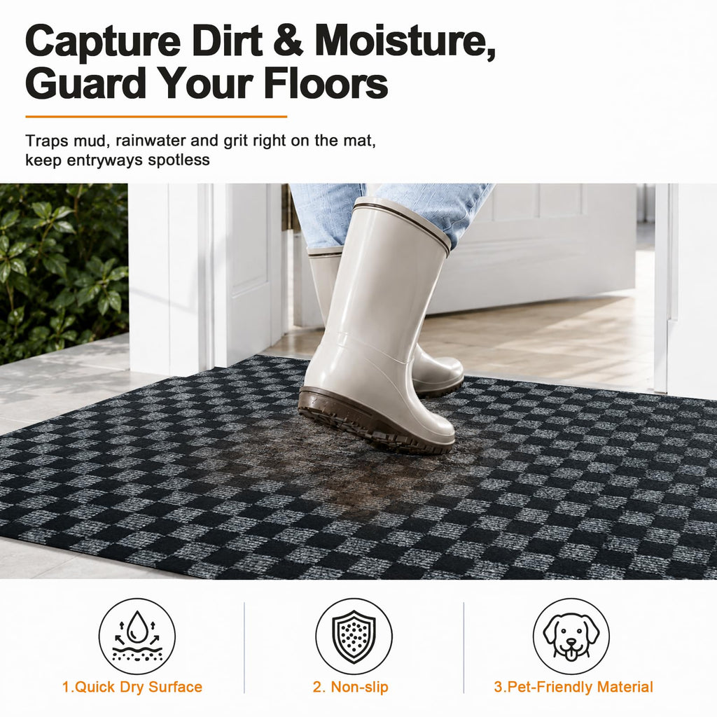4x16 FT Non-Slip Kitchen Rugs with Rubber Backing, Black Check
