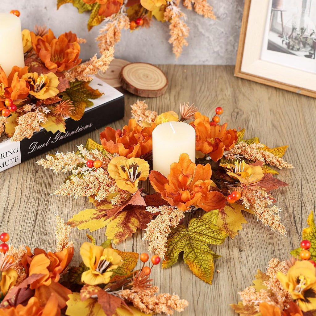 Fall Candle Rings Mini Autumn Floral Candle Wreaths with Berries Table Centerpiece Fall Wreath for Farmhouse - Set of 6