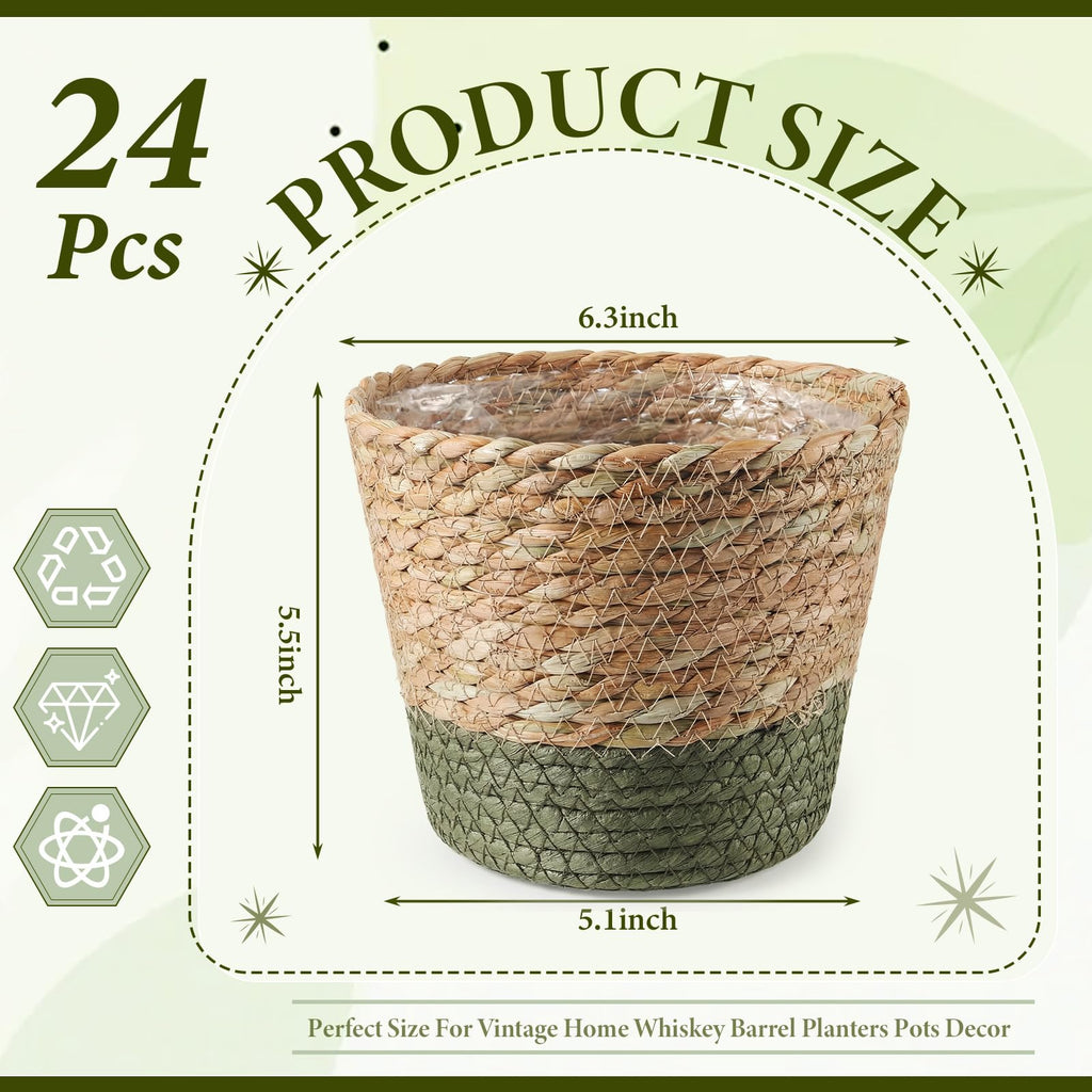 24 Pcs Wicker Plant Basket Bulk with Liners Woven Planter Baskets Bulk for Indoor Outdoor Seagrass Plants Woven