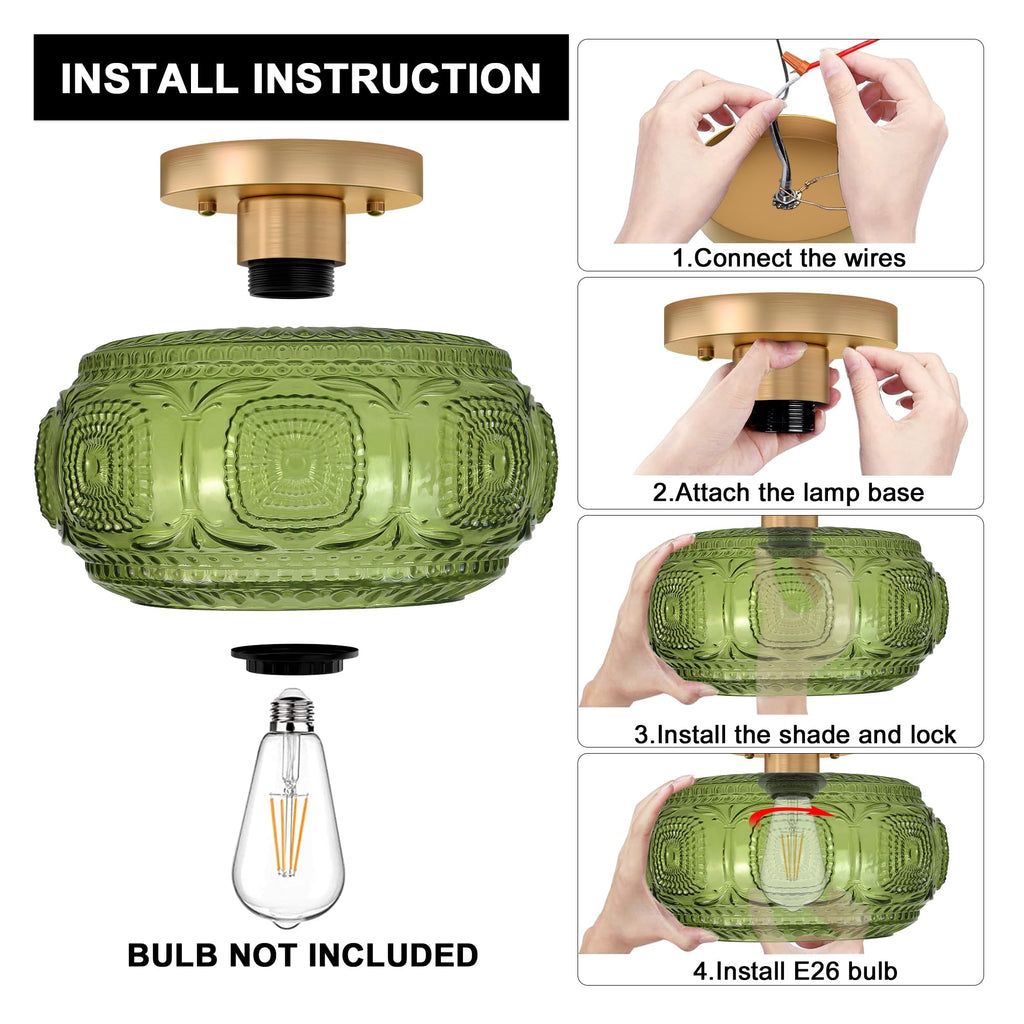 Art Deco Globe Glass Semi Flush Mount Ceiling Light Fixture, Green