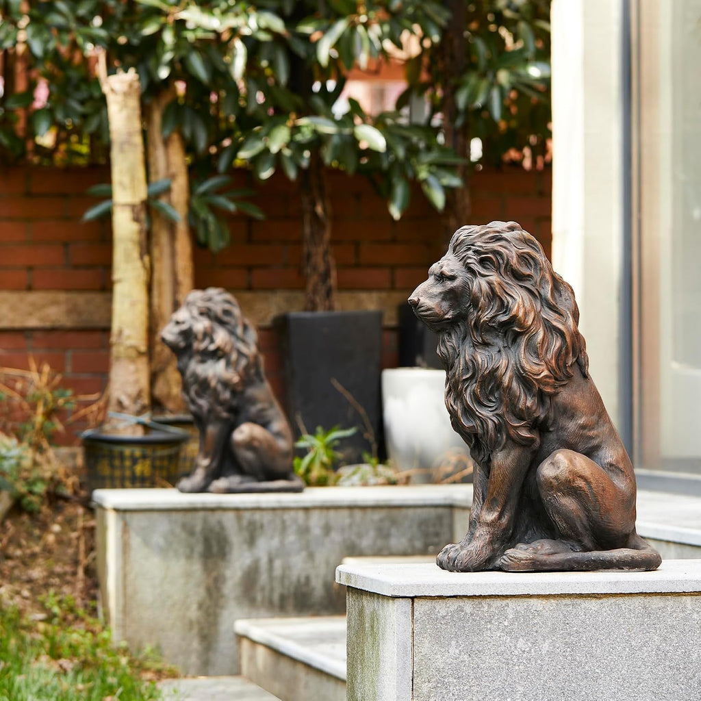 Guardian Sitting Lion Statue Regal Indoor and Outdoor Garden Sculpture Entrance Porch and Yard, 20.5in Tall, Bronze