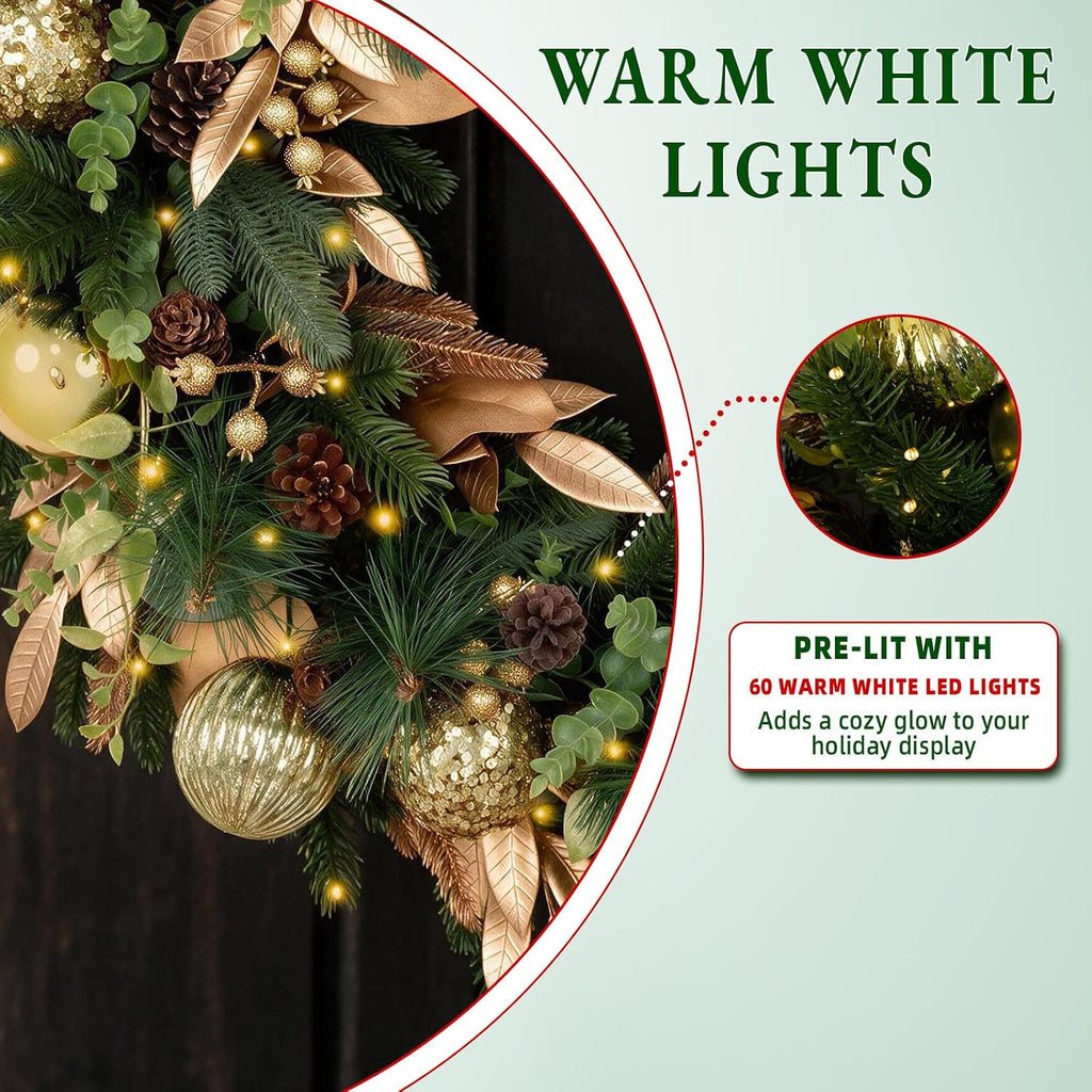 32 Inch Pre-Lit Botanical Christmas Wreath with 60 Warm White LEDs and Timer, Battery Operated Artificial PE & PVC