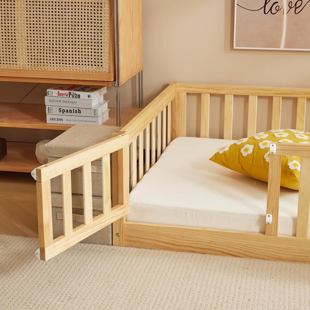 Montessori Floor Bed, Solid Wood Kids Bed Frame with Slats, Door and Safety Guardrails, 2 Door Latches, No