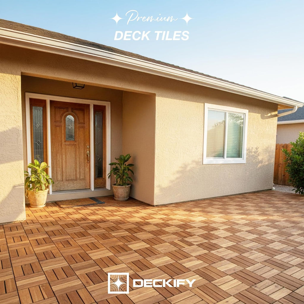 9Pcs Acacia Wood Interlocking Patio Deck Tiles, 12 x 12 x 0.9 Inch Outdoor Flooring, Waterproof for All-Weather Use