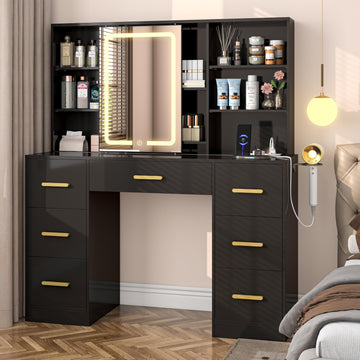 47'' W Large Vanity Desk with Mirror and Lights, 8 Storage Shelves 7 Drawers Vanity Table, Big Makeup Vanity Desk