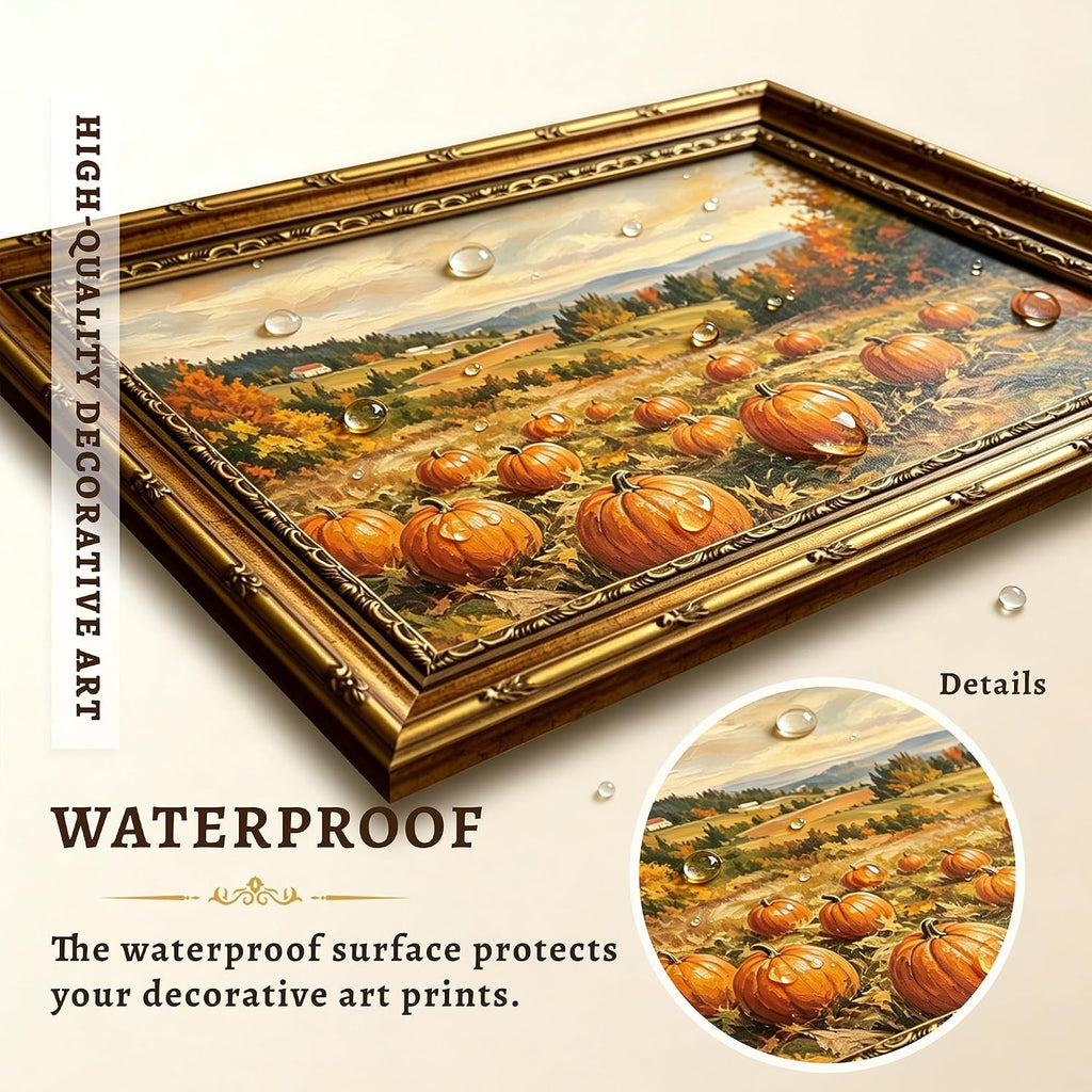 Vintage Autumn Pumpkin Patch Landscape Wall Art Framed Canvas Print with Gold Ornate Vintage Frame, Good Dining Room