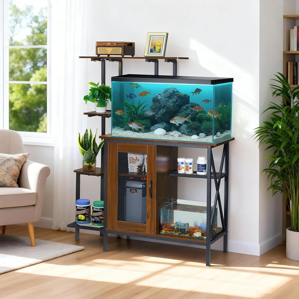 20-29 Gallon Fish Tank Stand with Plant Shelf, 2-in-1 Walnut Aquarium Stand