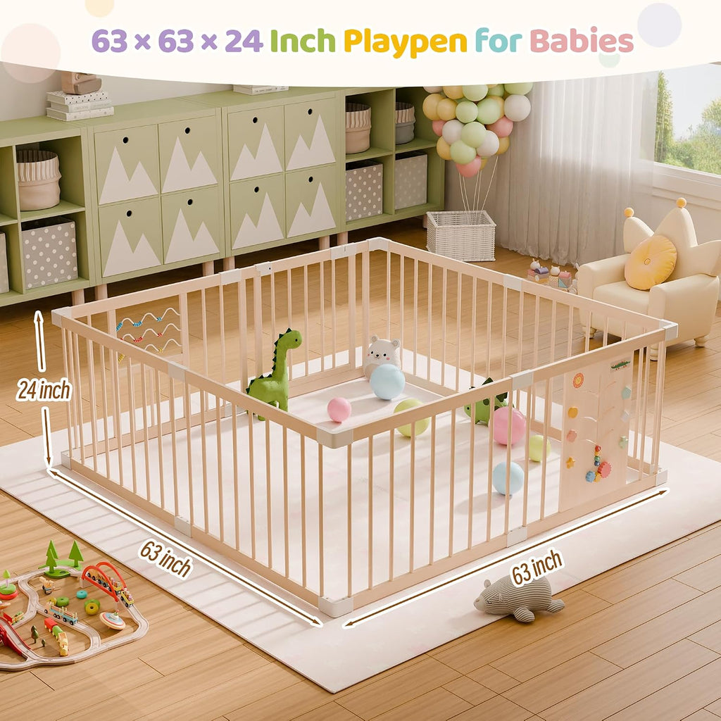 Wooden Baby Playpen, 63" x 63" Adjustable Size & Shape Play Yard Fence for Babies and Toddlers with Locking Gate