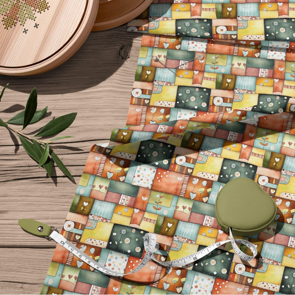 Patchwork Cotton Fabric Panel 61 x 36.6 Inches, Scandinavian Heart Pattern Quilt Style, Multicolor Rustic Design