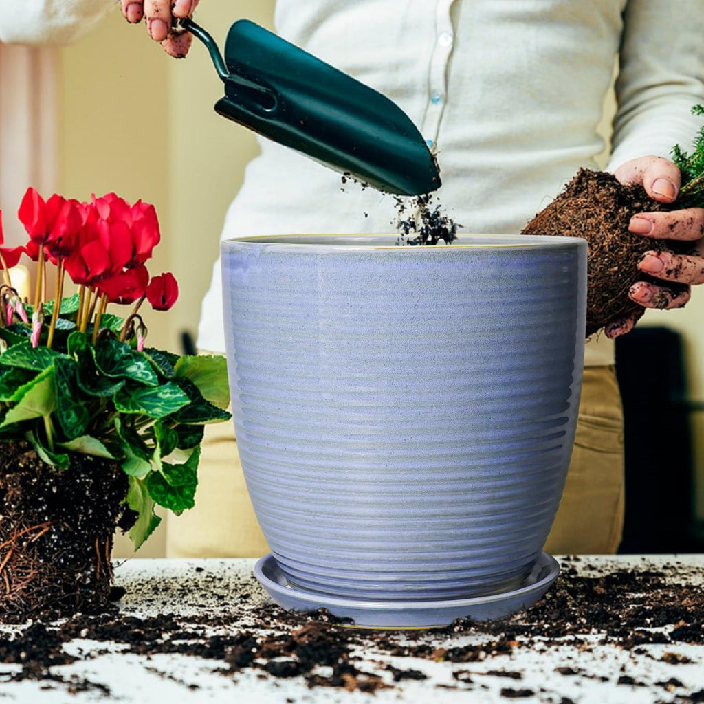 Ceramic Planter - Modern Round 12 Inch Pots for Plants with Drainage Hole and Plant Saucer for Flower Indoor, Garden