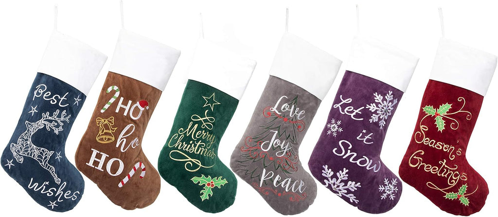 GEX Christmas Stockings 6 Pack for Family 22" Large Embroidered Classic Luxury Velvet Red Green Purple Blue Grey