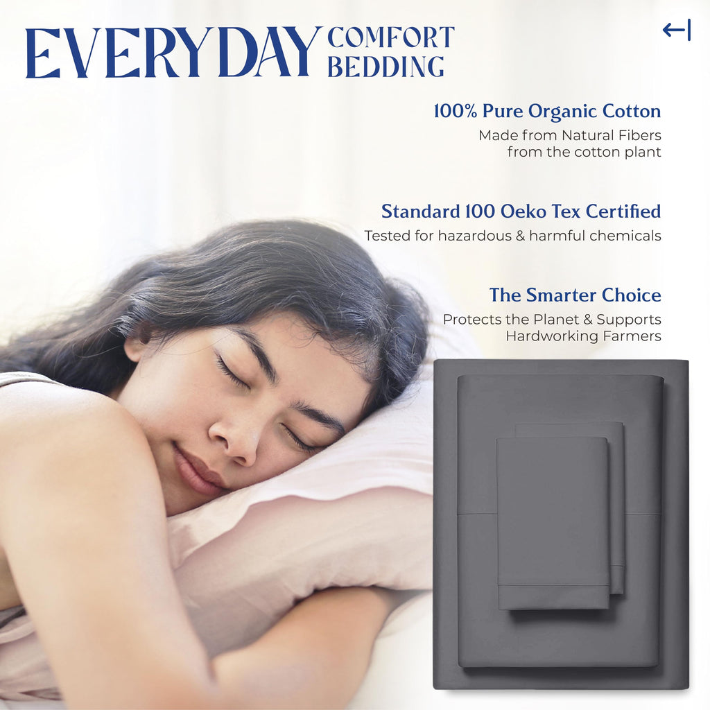 Organic Cotton Sheets Queen Size, 16" Deep Pocket, Dark Grey