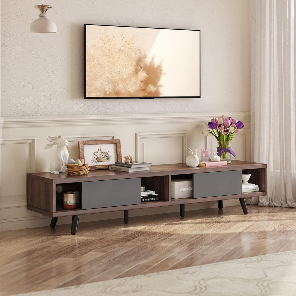 70 inch Mid Century Modern TV Stand for 75 inch TV, Low Profile TV Stand with Storage, Entertainment Center for