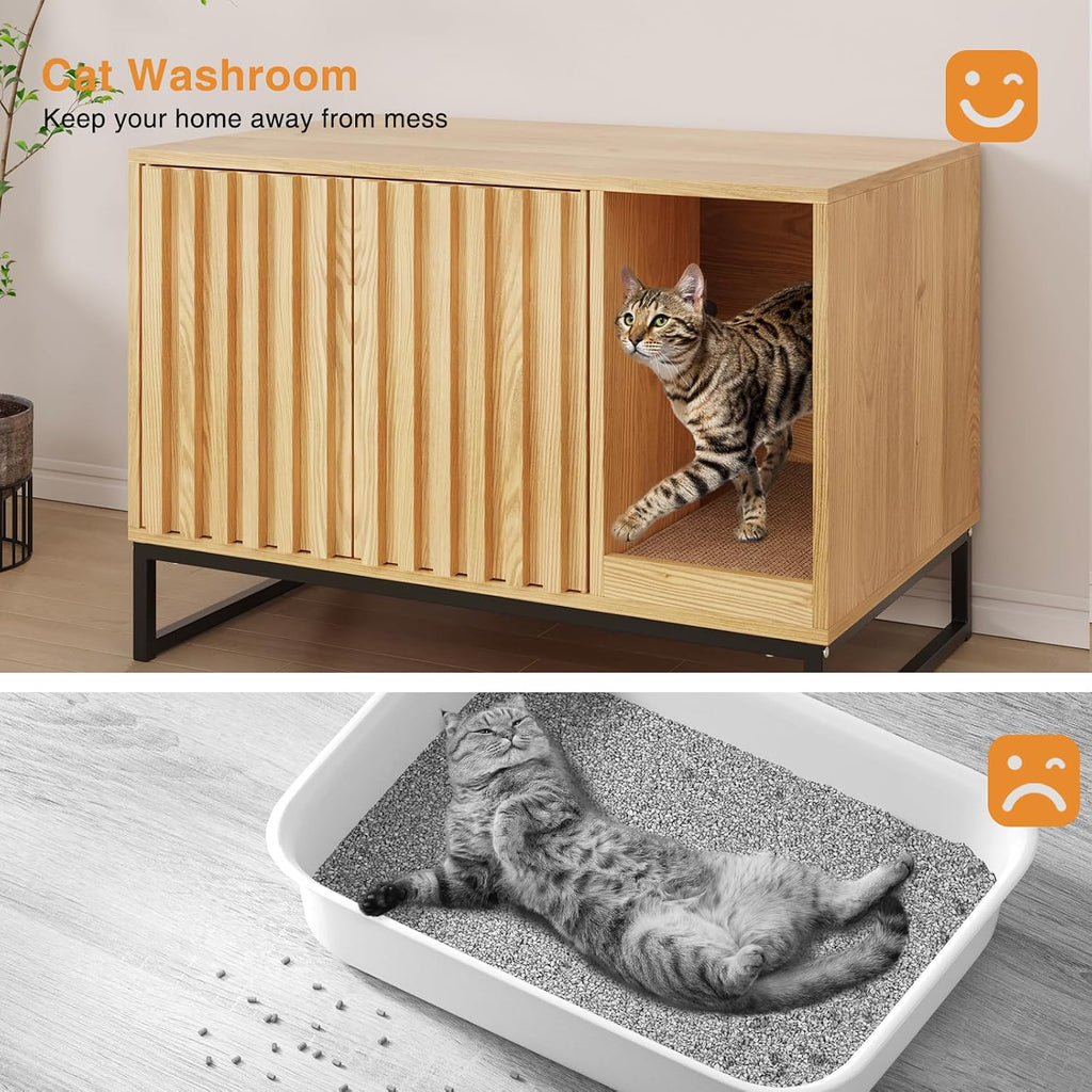 Litter Box Enclosure, Modern Cat Litter Box Enclosure Furniture Hidden Litter Box with Scratch Pad, Cat Washroom