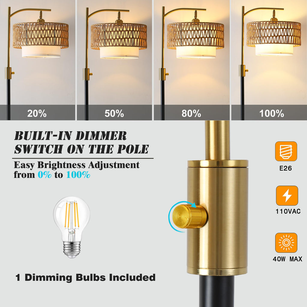 Dimmable Floor Lamp with Table and Marble Base, Arc Floor Lamp with Dimmable Bulb, Boho Farmhouse Standing lamp with