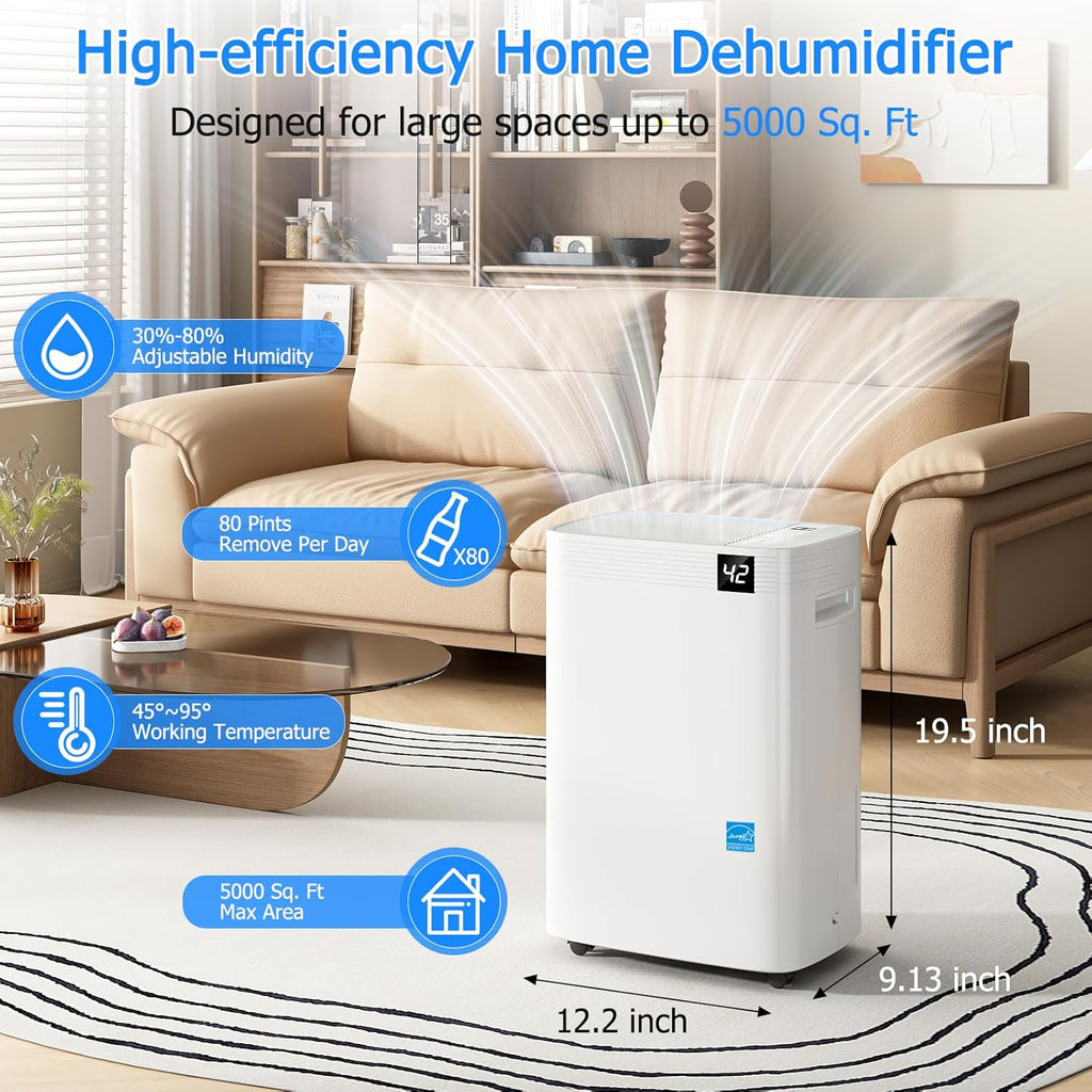 5,000 Sq.Ft 2026 Energy Star 80 Pint/Day Dehumidifier for Basement, Bedroom, Home, Bathroom