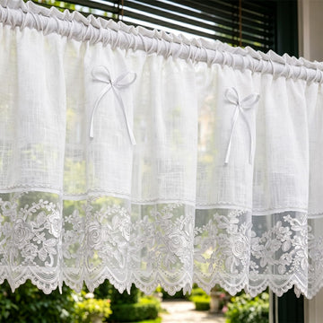 Vintage Lace Valance White, Floral Embroidery Bow Decor, 52"x18"
