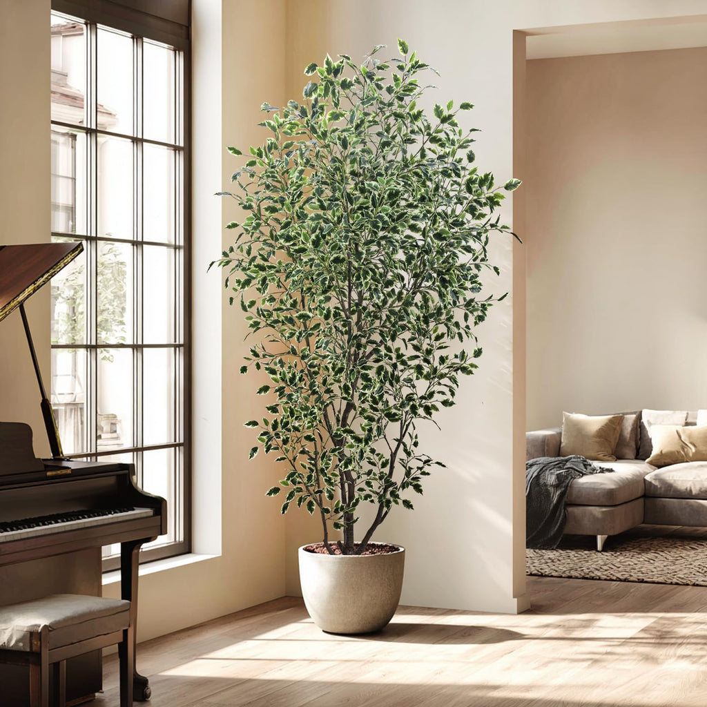 Artificial Ficus Tree, 8ft Tall, Variegated Green and White Foliage, Zero Maintenance Indoor Decorative Plant with