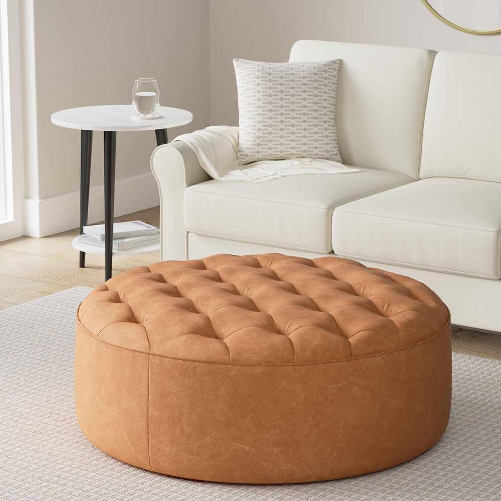 Ascot Ottoman - 40" Round Pouf with Feather-Down Topper - Full-Grain Leather Upholstered Pouf Ottoman - Vintage